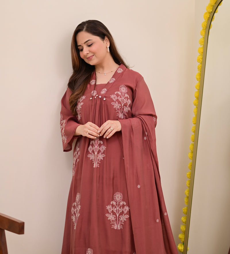 Mauve Muse Threadwork Mul Chanderi A Line Suit