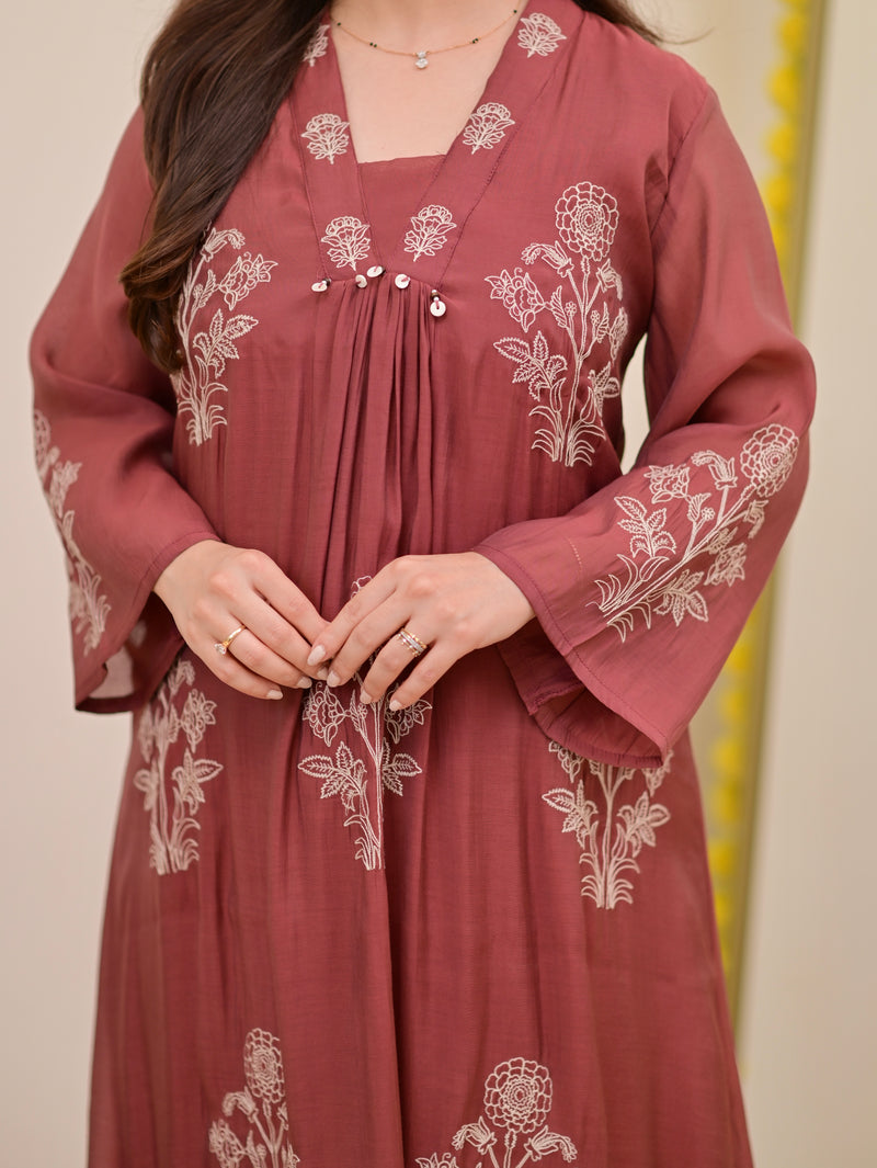 Mauve Muse Threadwork Mul Chanderi A Line Suit