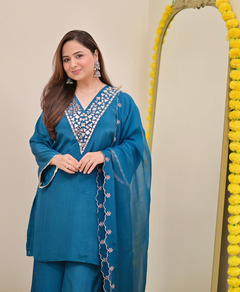 Teal Blue Mirror Glow Crepe Festive Sharara Set