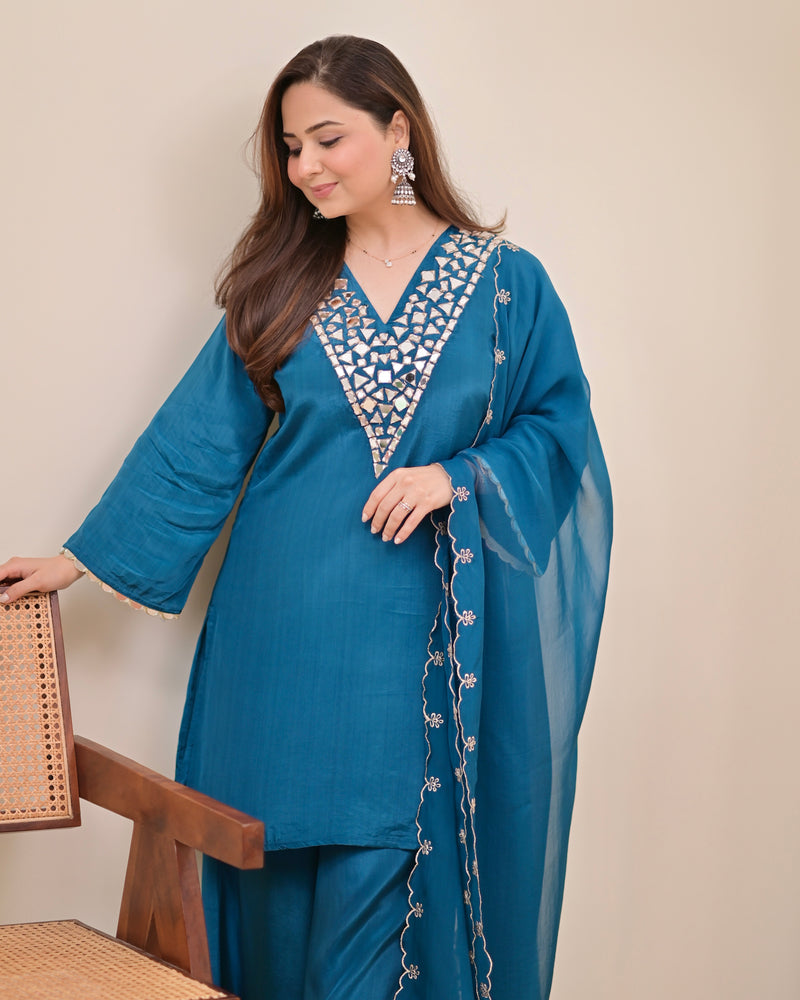 Teal Blue Mirror Glow Crepe Festive Sharara Set