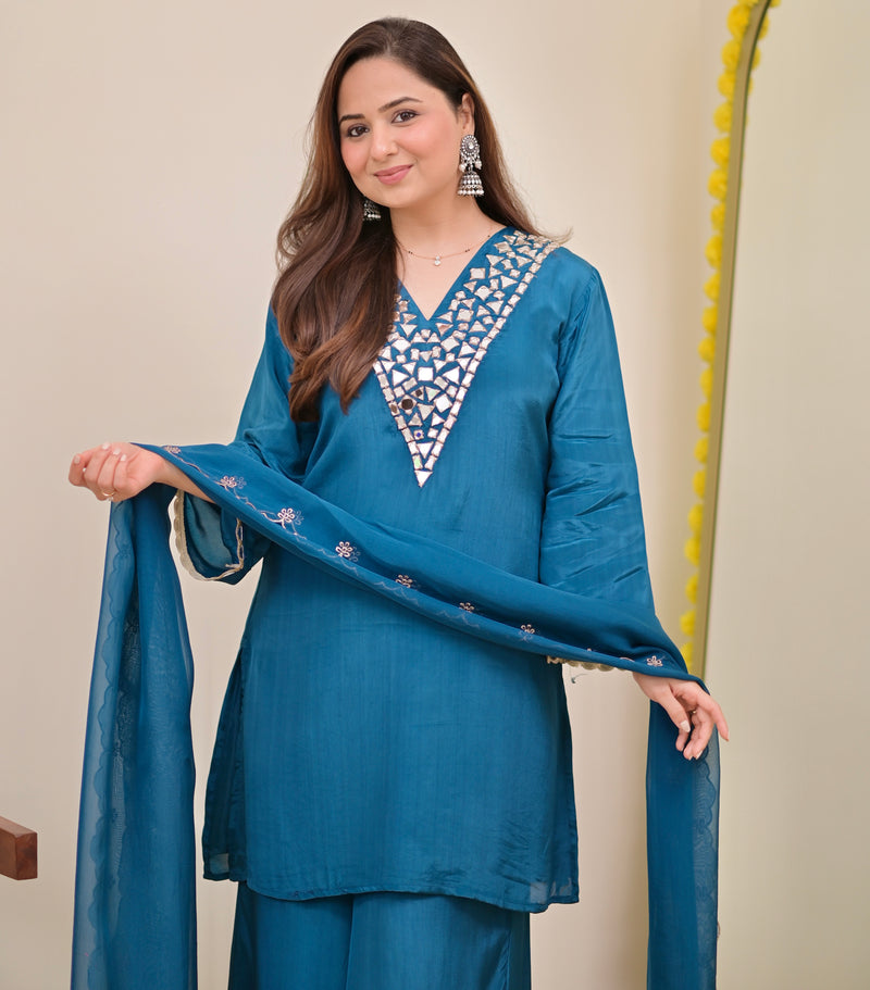 Teal Blue Mirror Glow Crepe Festive Sharara Set
