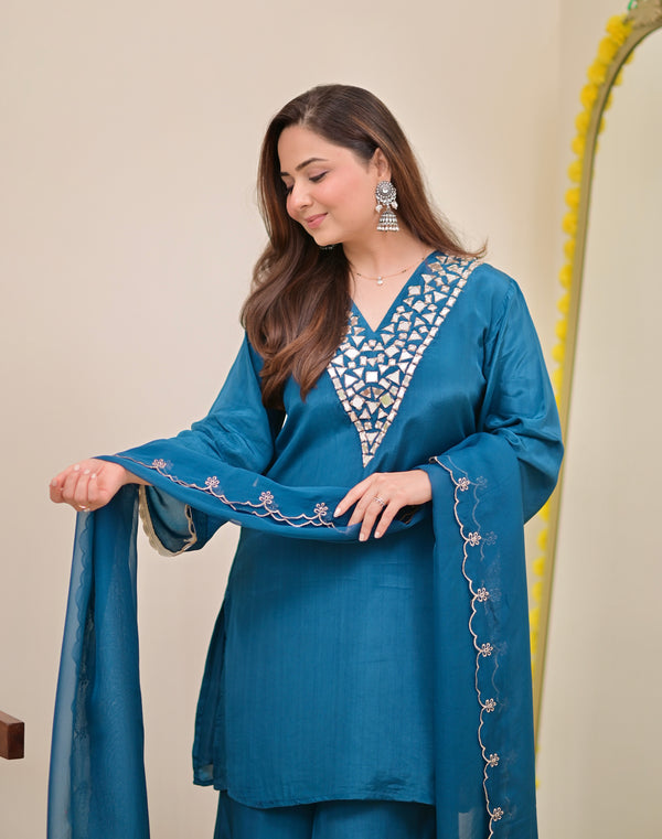 Teal Blue Mirror Glow Crepe Festive Sharara Set