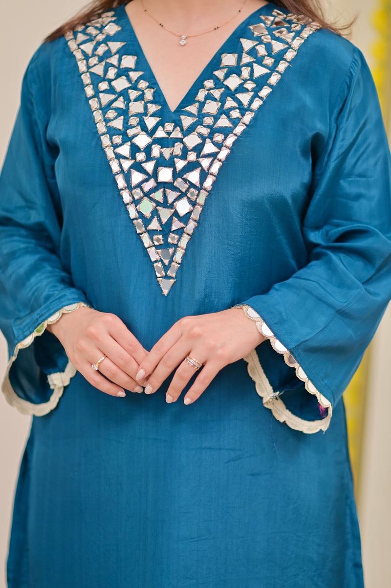 Teal Blue Mirror Glow Crepe Festive Sharara Set