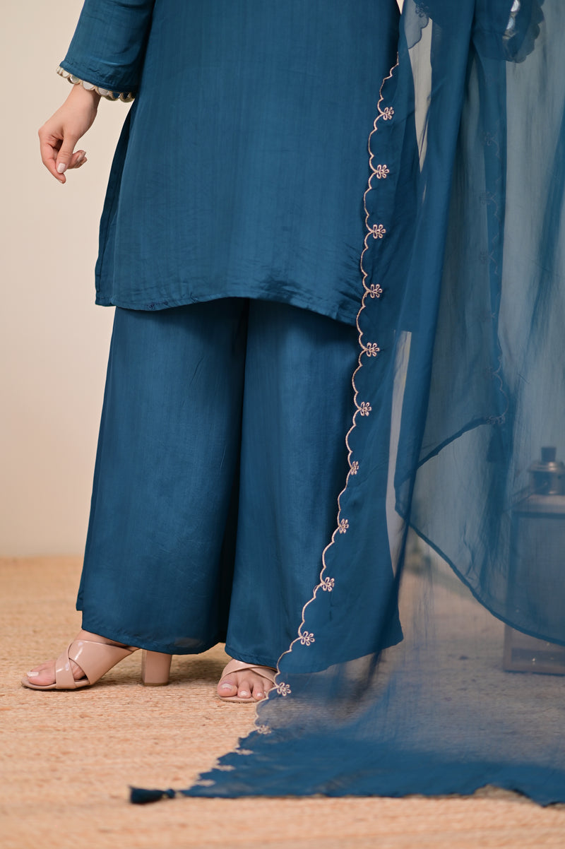 Teal Blue Mirror Glow Crepe Festive Sharara Set