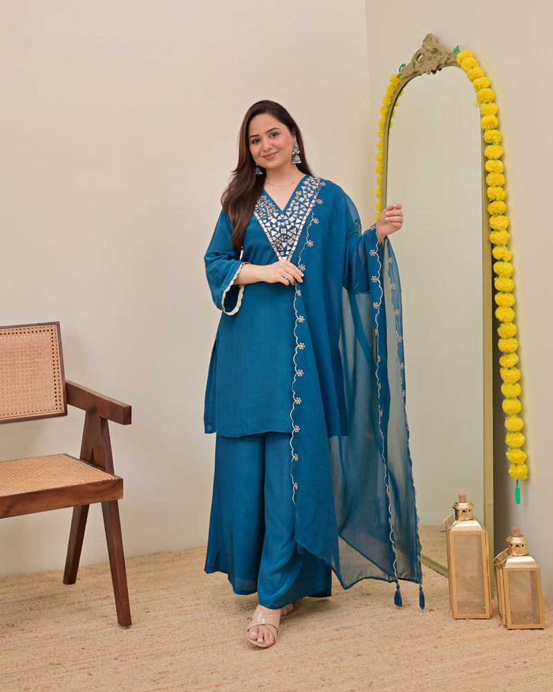 Teal Blue Mirror Glow Crepe Festive Sharara Set