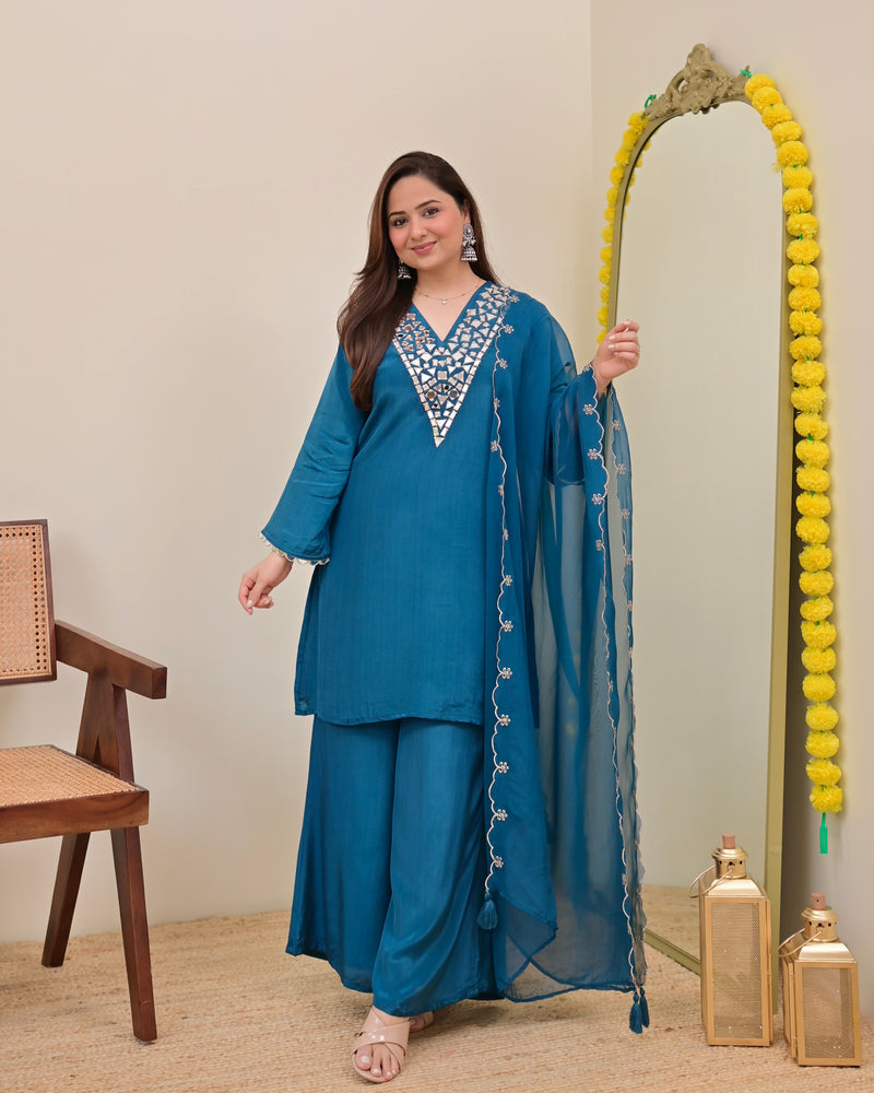 Teal Blue Mirror Glow Crepe Festive Sharara Set