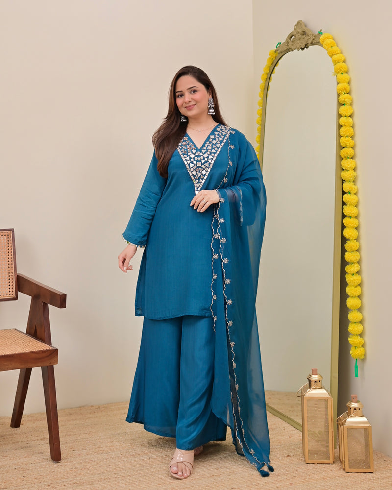 Teal Blue Mirror Glow Crepe Festive Sharara Set