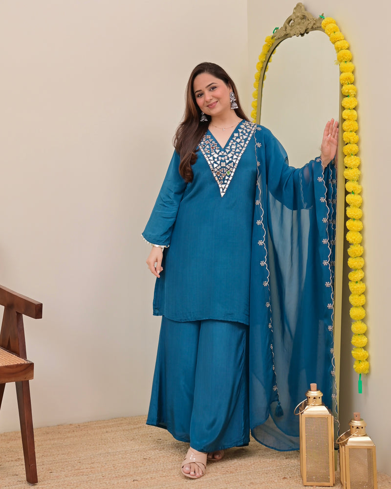 Teal Blue Mirror Glow Crepe Festive Sharara Set