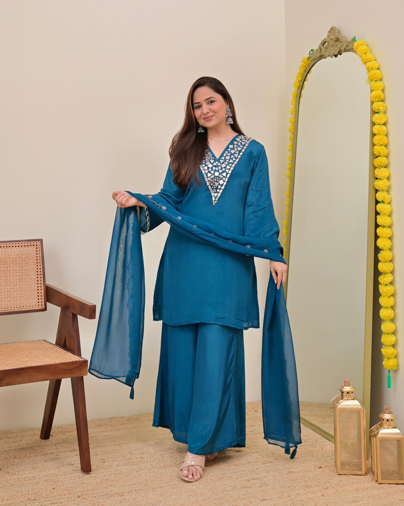 Teal Blue Mirror Glow Crepe Festive Sharara Set