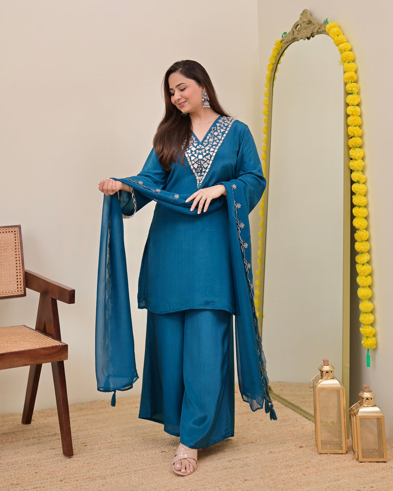 Teal Blue Mirror Glow Crepe Festive Sharara Set