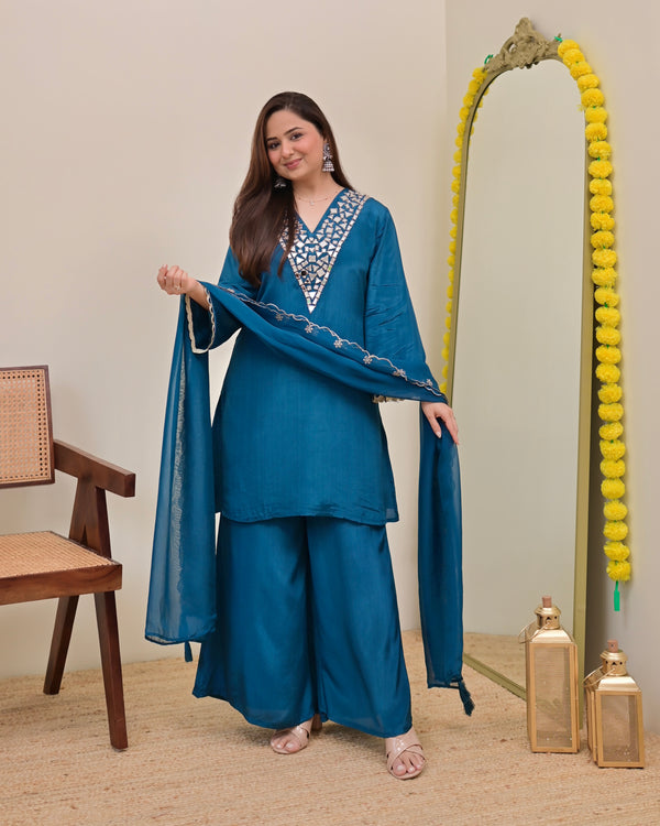 Teal Blue Mirror Glow Crepe Festive Sharara Set