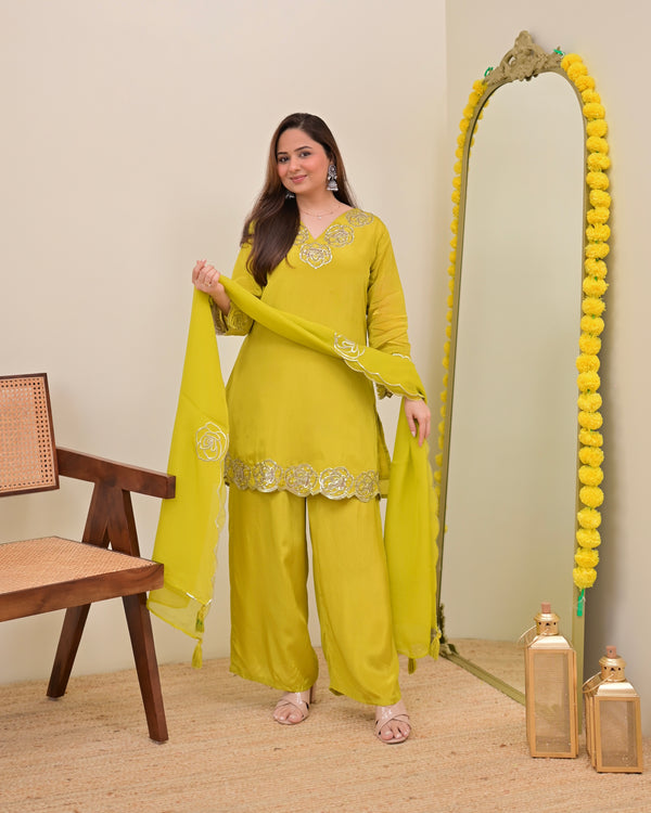 Liril Yellow Rose Handwork Crepe Festive Sharara Set