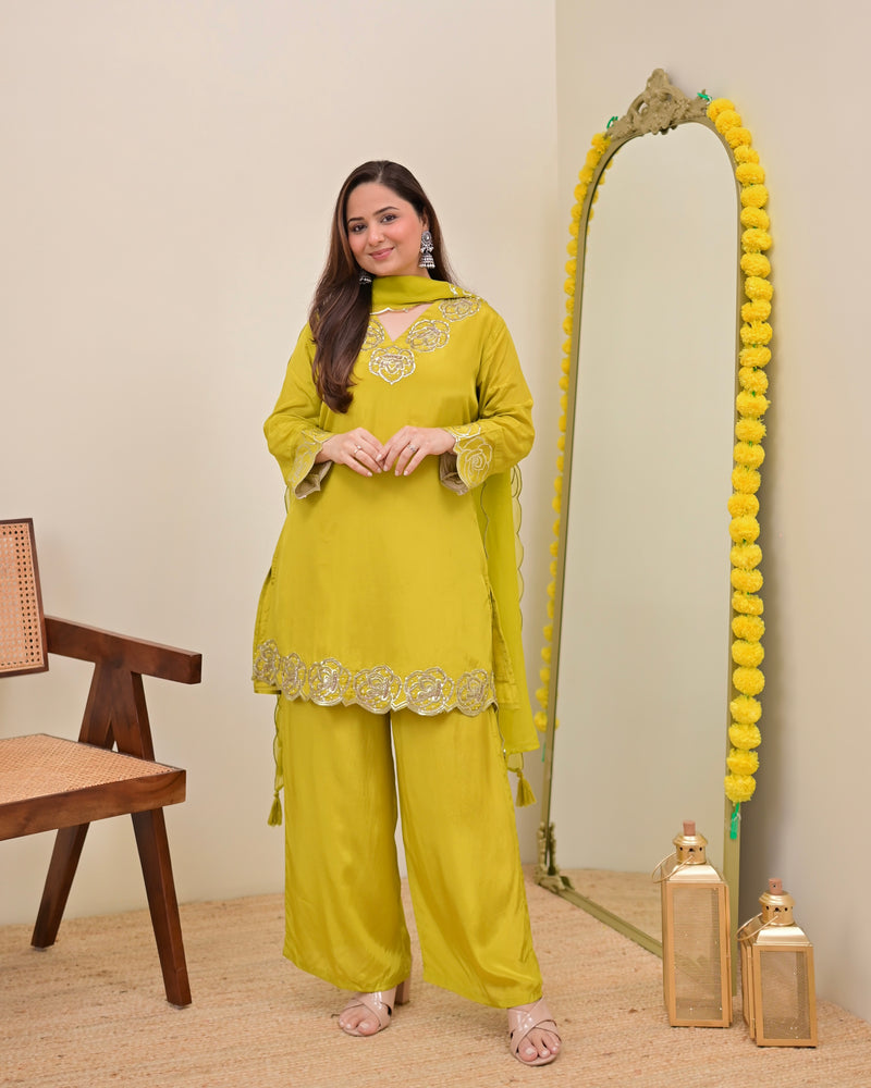 Liril Yellow Rose Handwork Crepe Festive Sharara Set