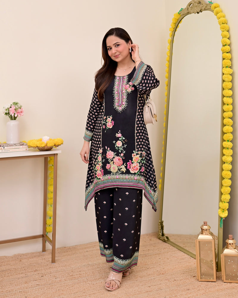 Black Digital Printed Handwork Crepe Co-ord