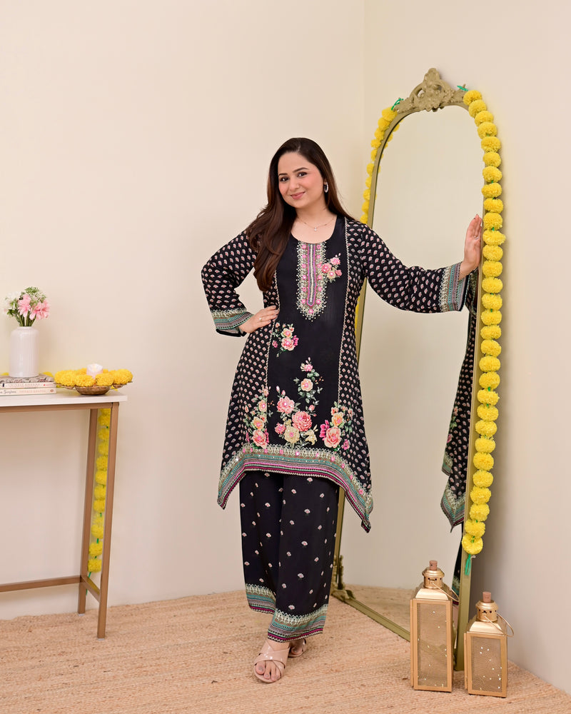 Black Digital Printed Handwork Crepe Co-ord