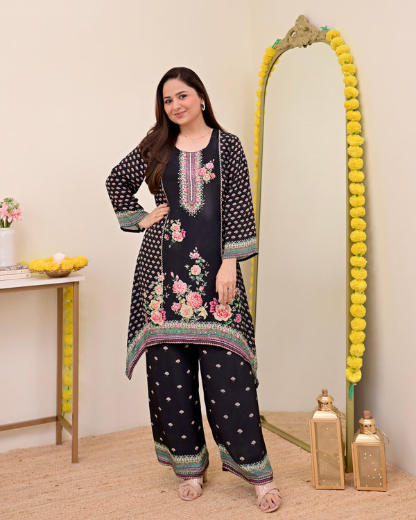 Black Digital Printed Handwork Crepe Co-ord