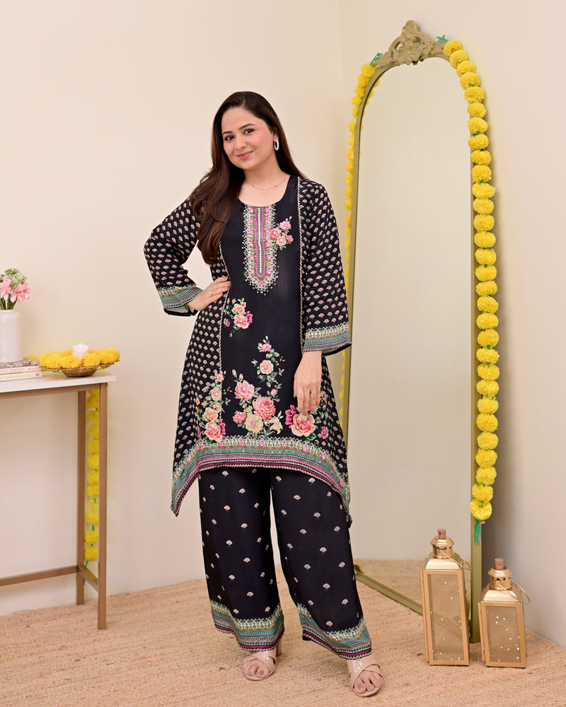 Black Digital Printed Handwork Crepe Co-ord