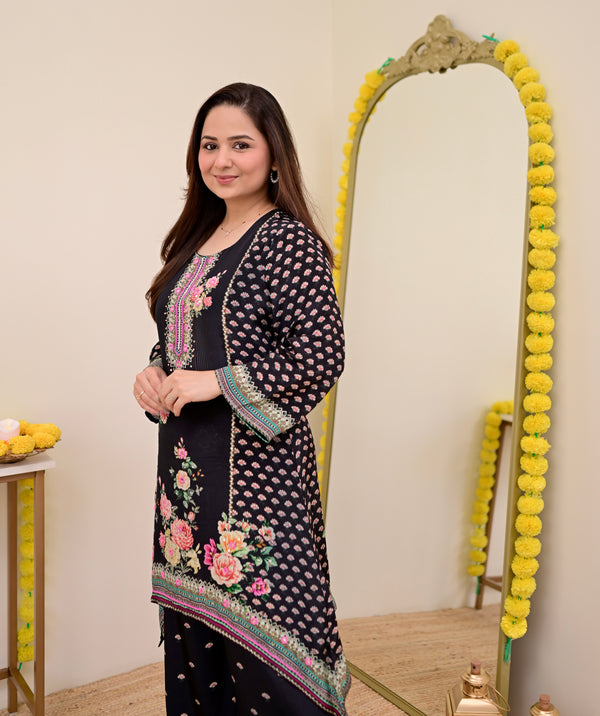 Black Digital Printed Handwork Crepe Co-ord