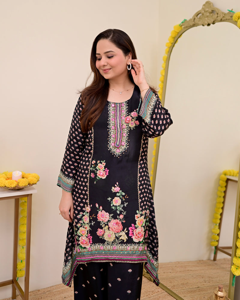 Black Digital Printed Handwork Crepe Co-ord