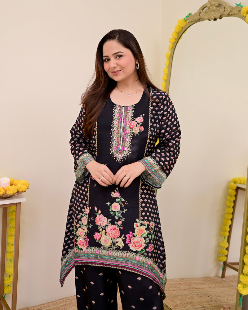 Black Digital Printed Handwork Crepe Co-ord