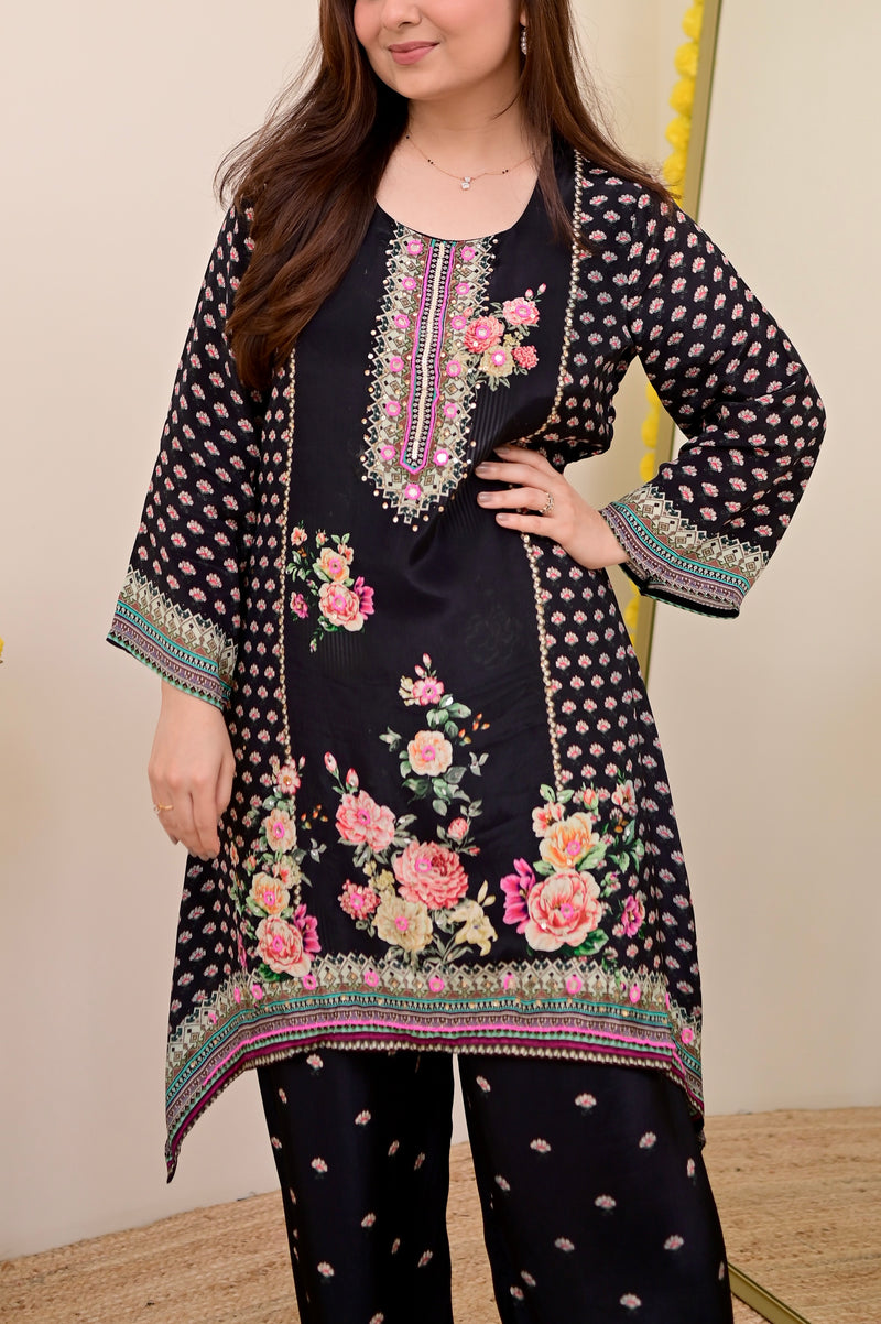 Black Digital Printed Handwork Crepe Co-ord