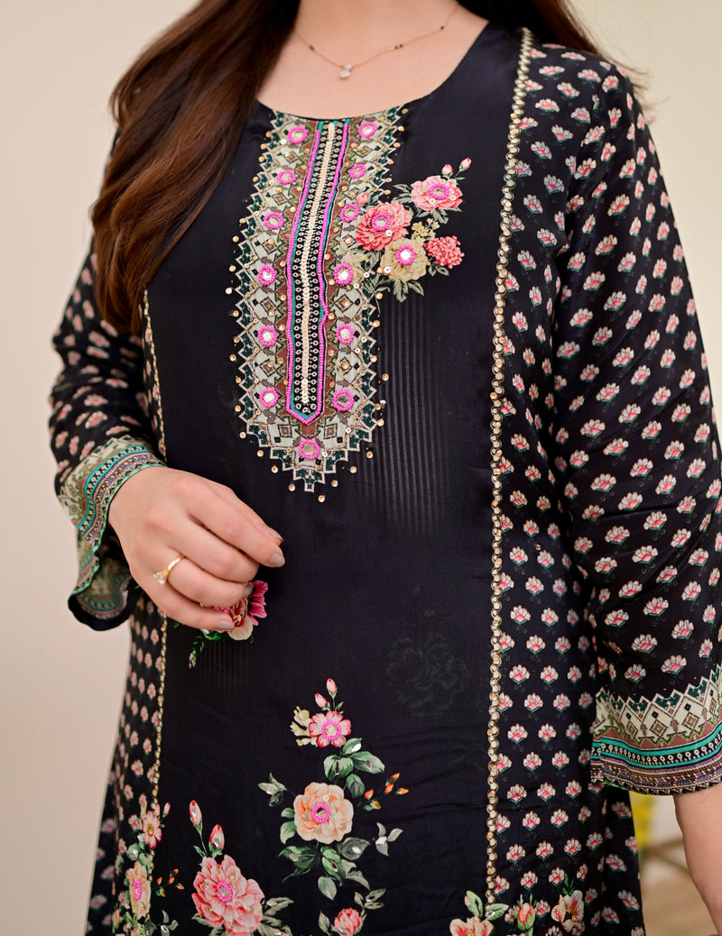 Black Digital Printed Handwork Crepe Co-ord
