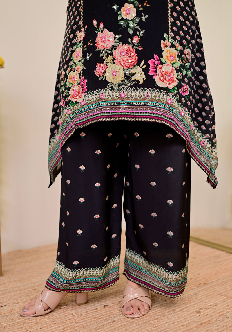 Black Digital Printed Handwork Crepe Co-ord