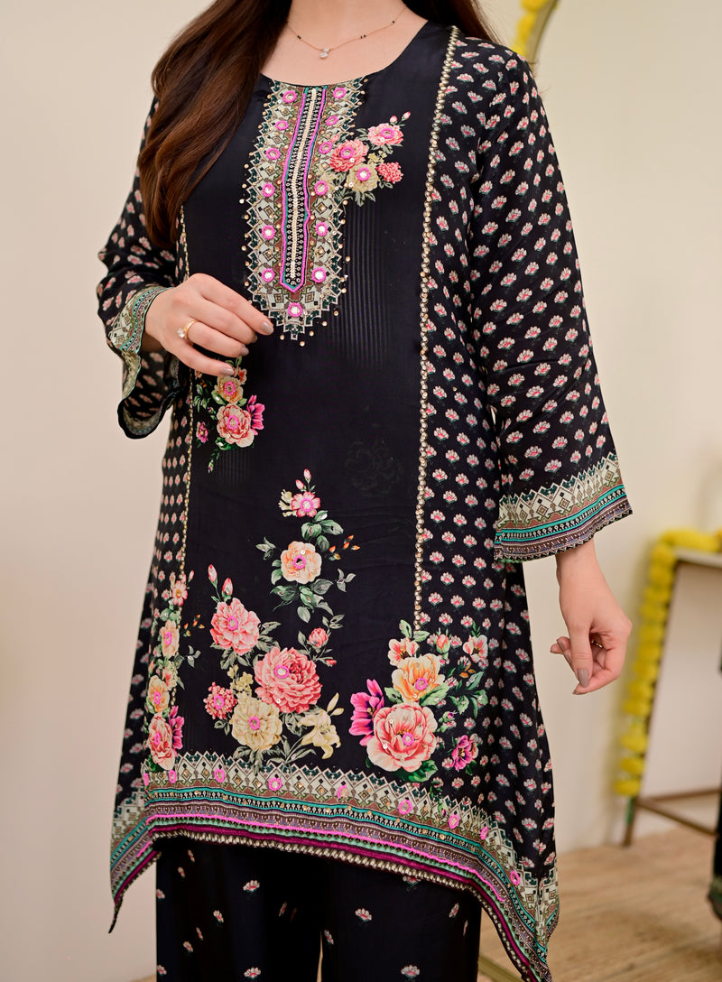 Black Digital Printed Handwork Crepe Co-ord