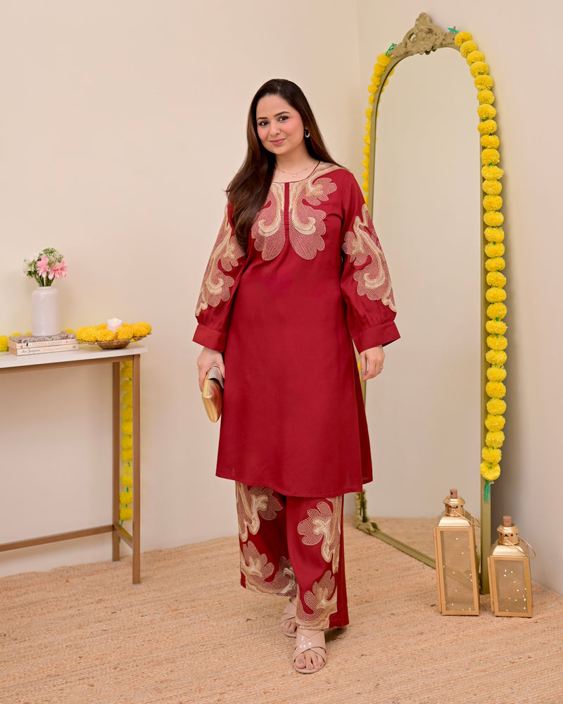 Crimson Charm Classic Threadwork Cotton Co-ord
