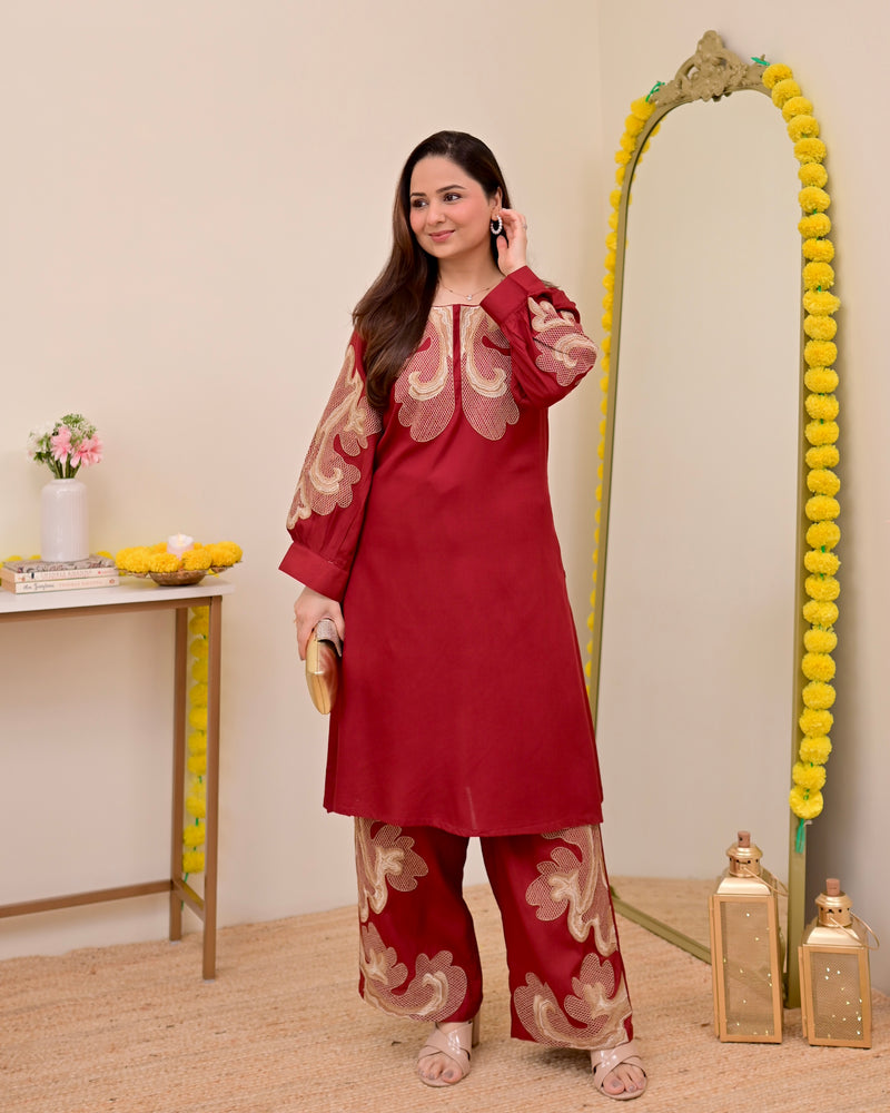 Crimson Charm Classic Threadwork Cotton Co-ord