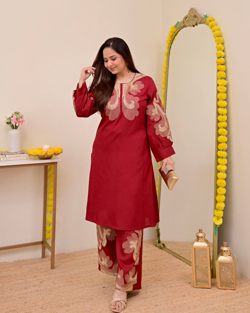 Crimson Charm Classic Threadwork Cotton Co-ord