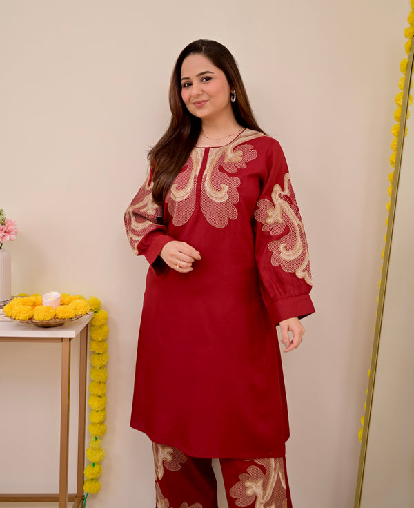 Crimson Charm Classic Threadwork Cotton Co-ord