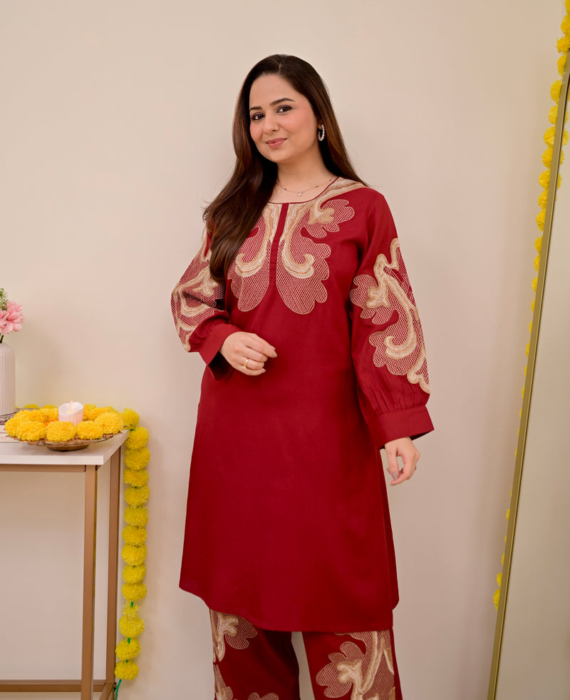 Crimson Charm Classic Threadwork Cotton Co-ord