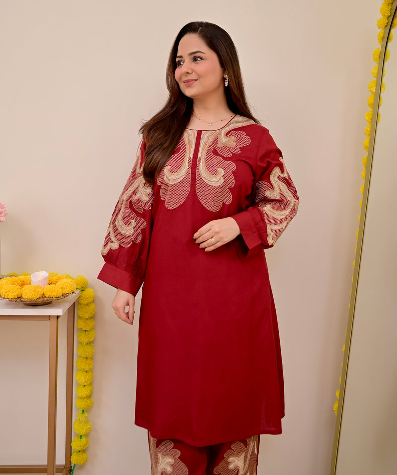 Crimson Charm Classic Threadwork Cotton Co-ord
