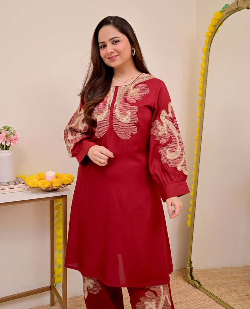 Crimson Charm Classic Threadwork Cotton Co-ord