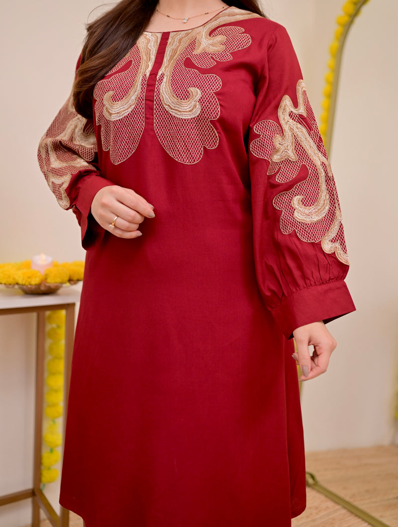 Crimson Charm Classic Threadwork Cotton Co-ord