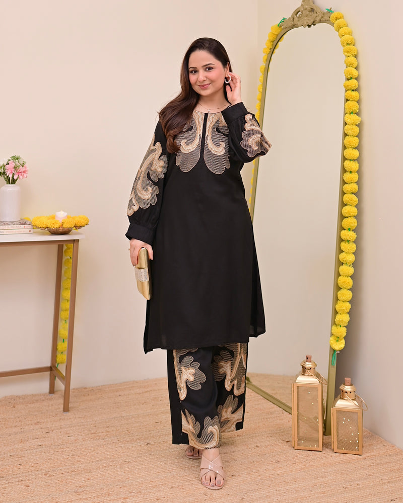 Black Charm Classic Threadwork Cotton Co-ord