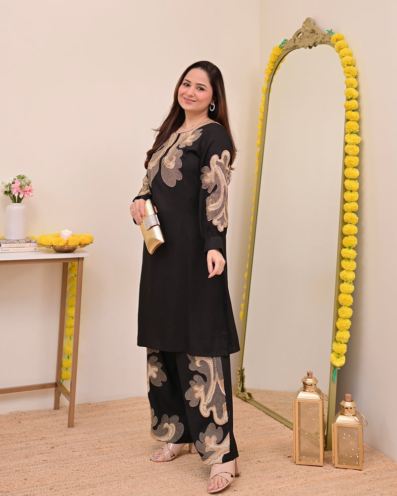 Black Charm Classic Threadwork Cotton Co-ord