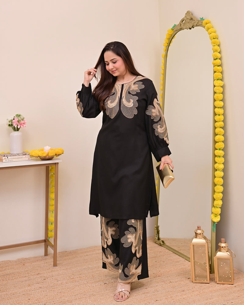 Black Charm Classic Threadwork Cotton Co-ord