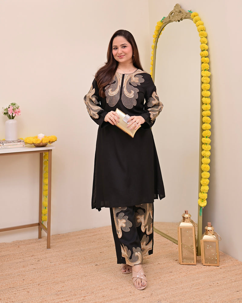 Black Charm Classic Threadwork Cotton Co-ord
