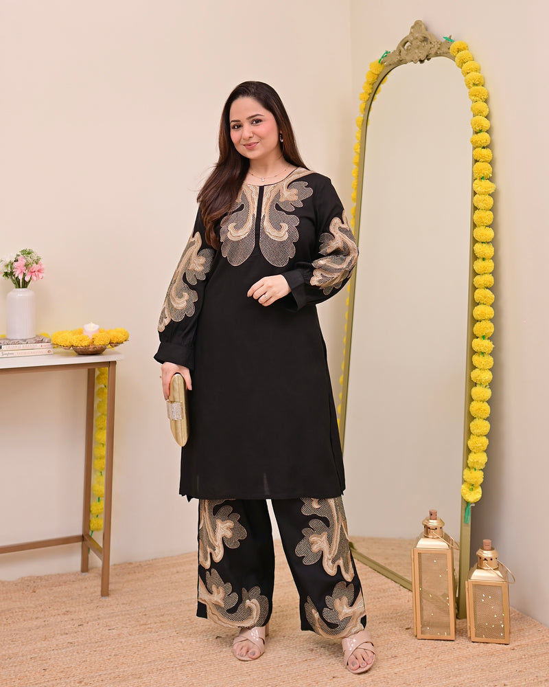 Black Charm Classic Threadwork Cotton Co-ord