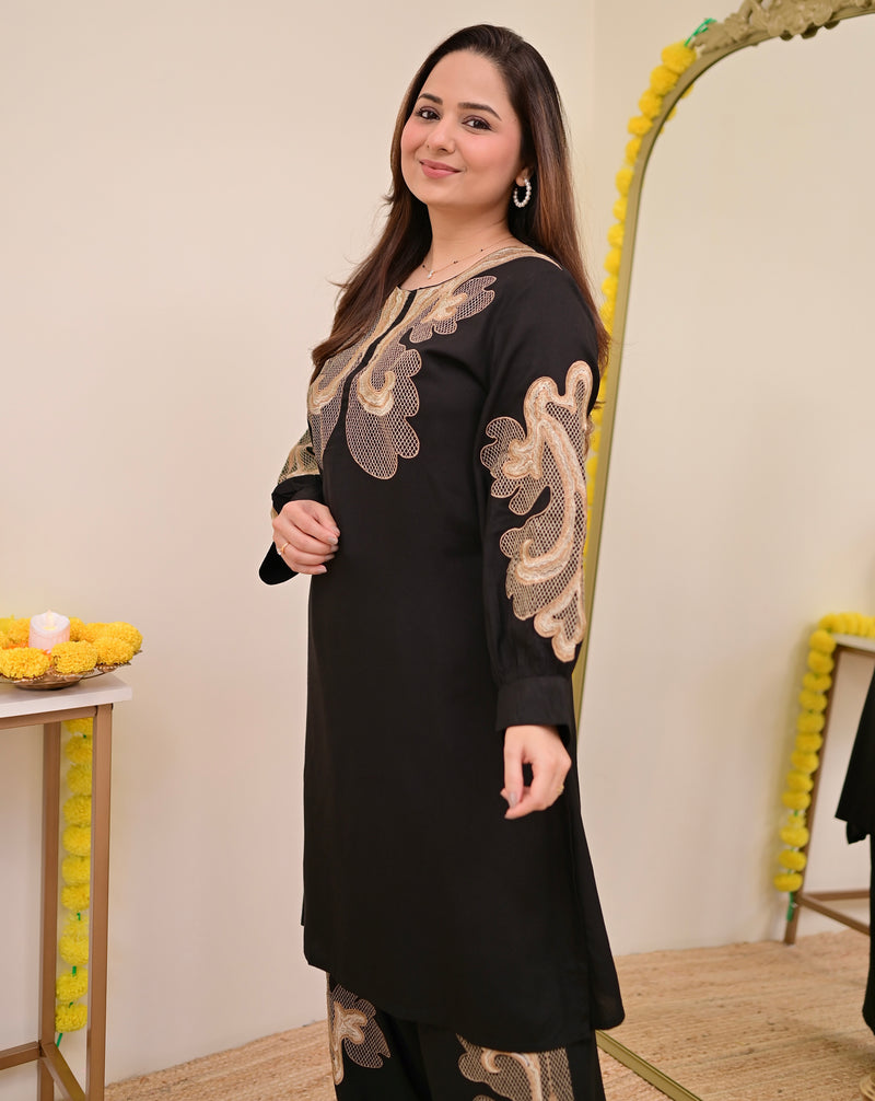 Black Charm Classic Threadwork Cotton Co-ord
