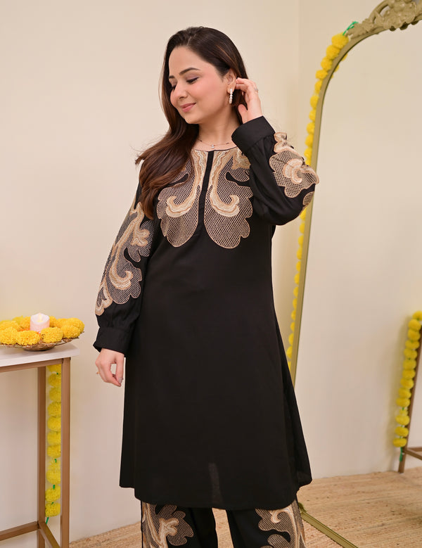 Black Charm Classic Threadwork Cotton Co-ord