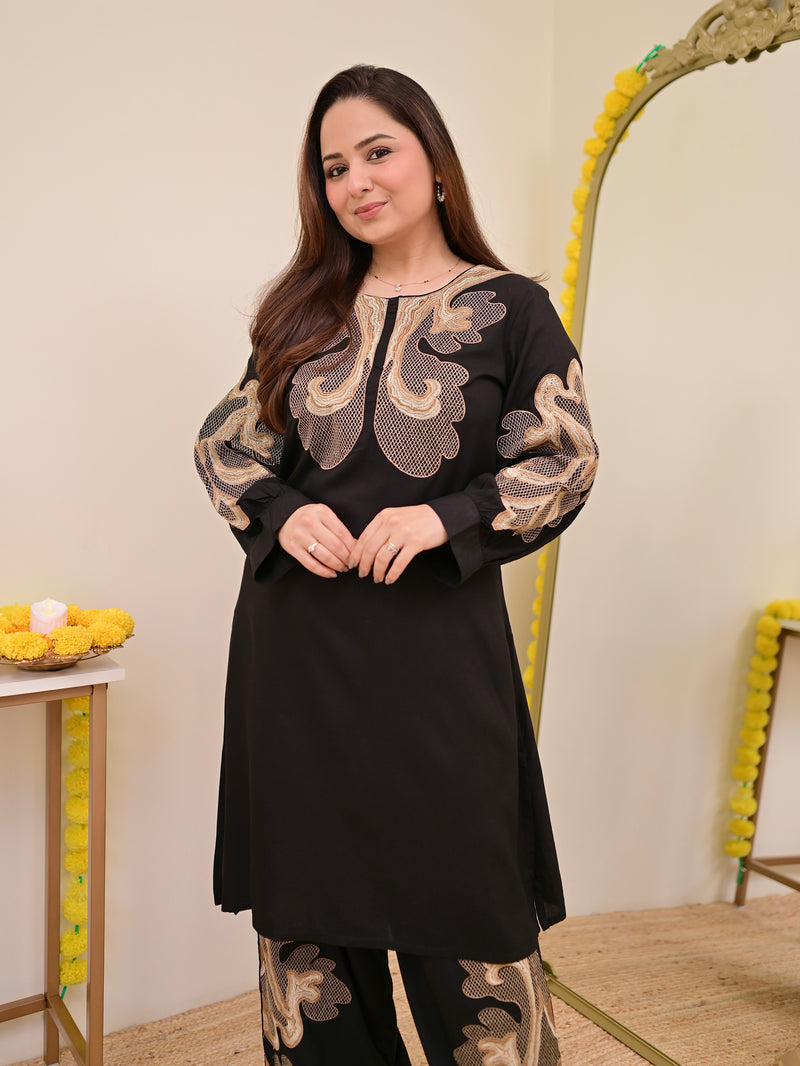 Black Charm Classic Threadwork Cotton Co-ord