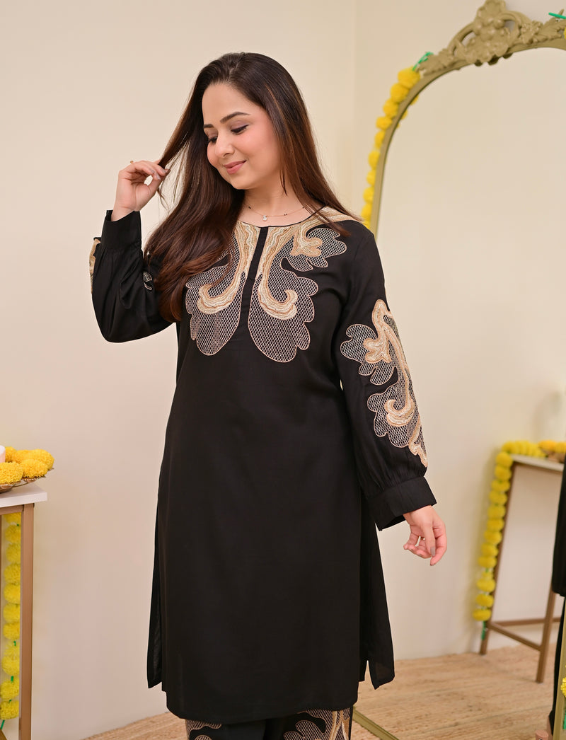 Black Charm Classic Threadwork Cotton Co-ord