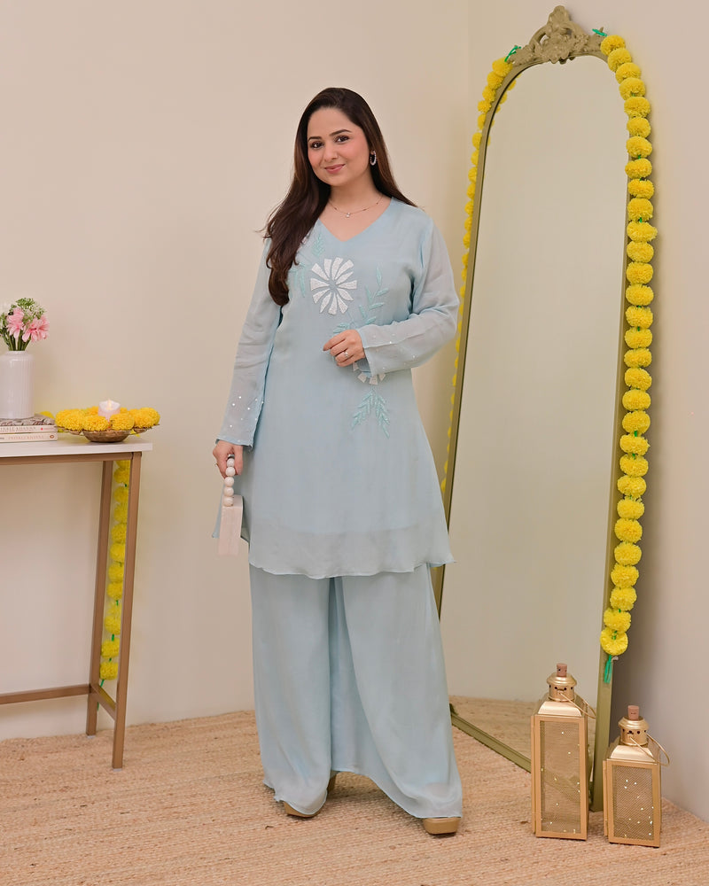 Powder Blue Handwork Chinnon Festive Co-ord