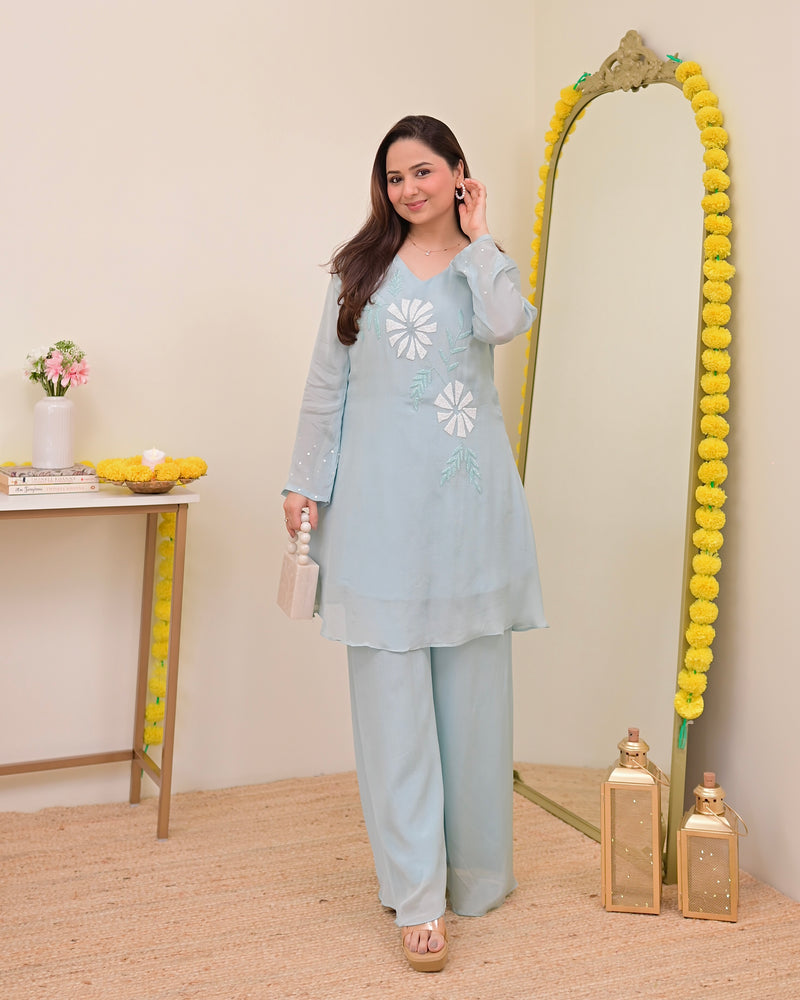 Powder Blue Handwork Chinnon Festive Co-ord