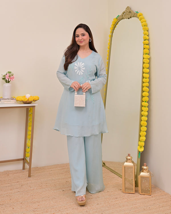 Powder Blue Handwork Chinnon Festive Co-ord