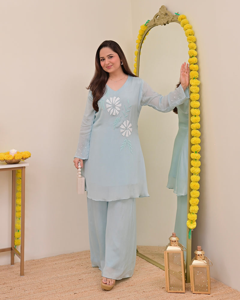 Powder Blue Handwork Chinnon Festive Co-ord