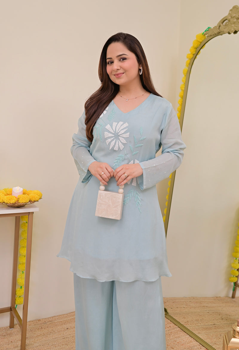 Powder Blue Handwork Chinnon Festive Co-ord